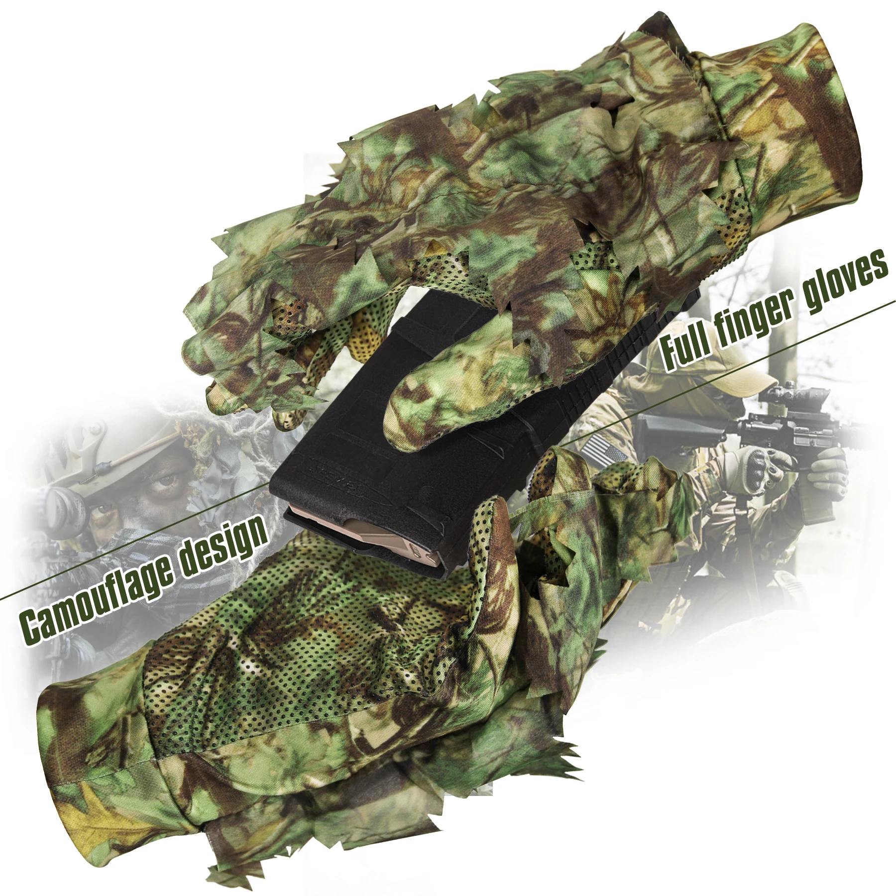 1 Pair Sneaky 3D Leaf Camo Gloves Full Finger Comfortable Non-slip Durable For Outdoor Hunting Fishing CS Shooting 1 Pair Sneaky 3D Leaf Camo Gloves Full Finger Comfortable Non-slip Durable For Outdoor Hunting Fishing CS Shooting