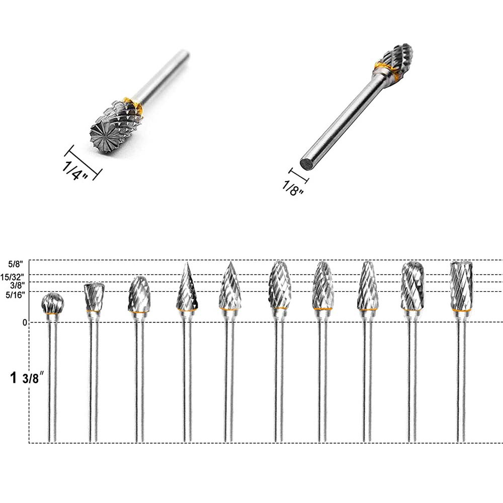 10 pcs 1/8 Shank Tungsten Carbide Milling Cutter Rotary Tool Burr Double Diamond Cut Rotary Dremel Tools Electric