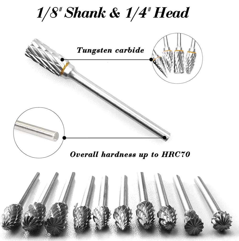 10 pcs 1/8 Shank Tungsten Carbide Milling Cutter Rotary Tool Burr Double Diamond Cut Rotary Dremel Tools Electric
