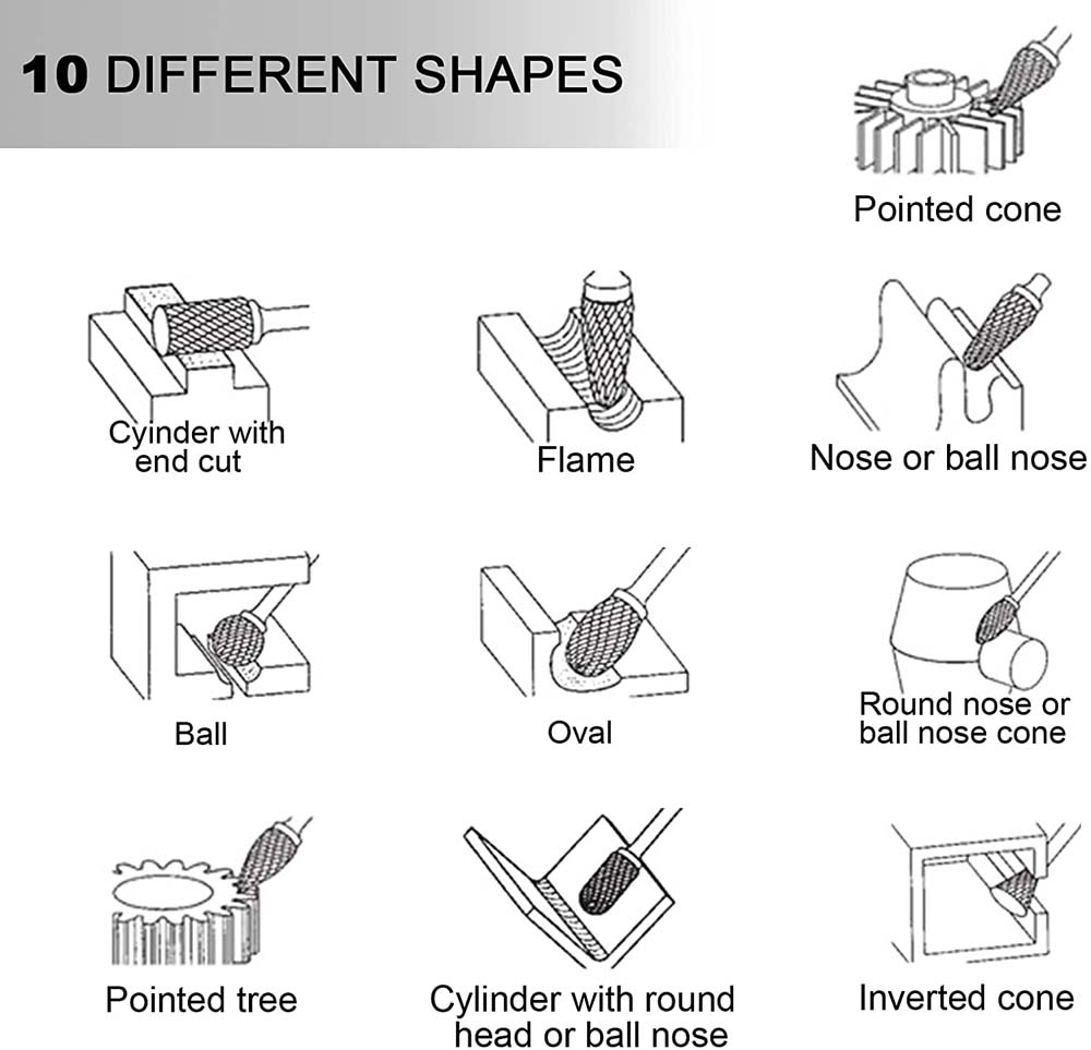 10 pcs 1/8 Shank Tungsten Carbide Milling Cutter Rotary Tool Burr Double Diamond Cut Rotary Dremel Tools Electric