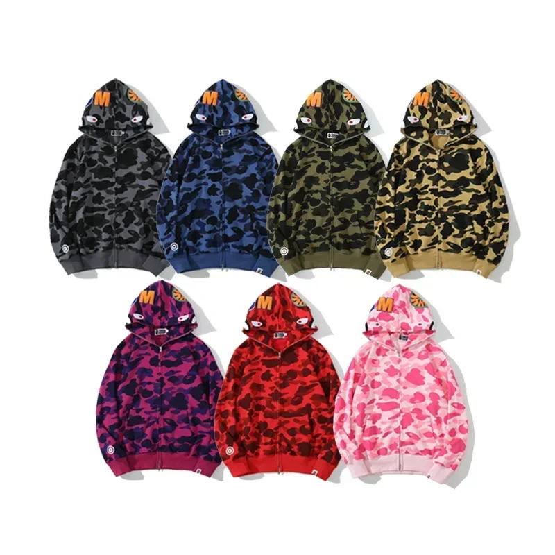 100% Cotton Trendy Shark Camouflage Zippered Hoodie for Men and Women Fine Embroidery Loose Fitting Pure Cotton Plush 100% Cotton Trendy Shark Camouflage Zippered Hoodie for Men and Women Fine Embroidery Loose Fitting Pure Cotton Plush