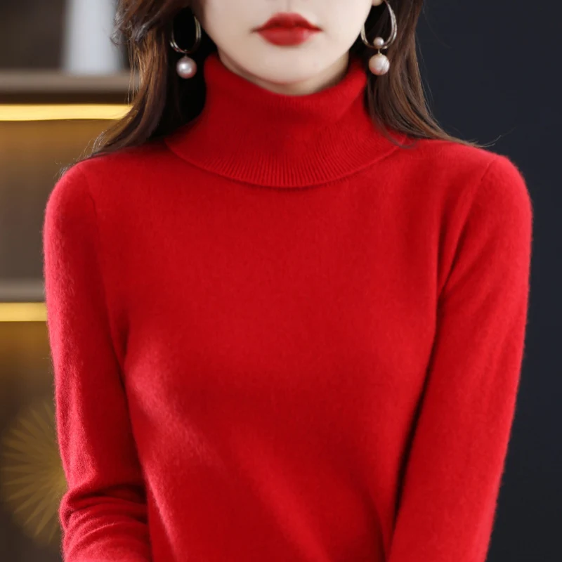 100% Merino Wool Cashmere Sweater Women Knitted Sweater Turtleneck Long Sleeve Pullovers Autumn Winter Clothing Warm