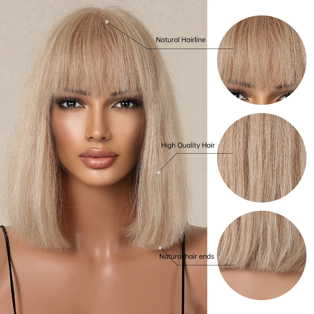 100% Remy Human Hair Honey Blonde Short Straight Bob Wigs with Bangs Human Hair Wig Machine Made 10inches Wig for Women 100% Remy Human Hair Honey Blonde Short Straight Bob Wigs with Bangs Human Hair Wig Machine Made 10inches Wig for Women