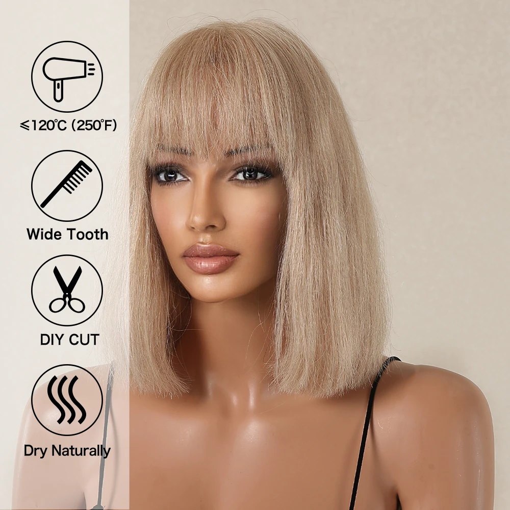 100% Remy Human Hair Honey Blonde Short Straight Bob Wigs with Bangs Human Hair Wig Machine Made 10inches Wig for Women 100% Remy Human Hair Honey Blonde Short Straight Bob Wigs with Bangs Human Hair Wig Machine Made 10inches Wig for Women