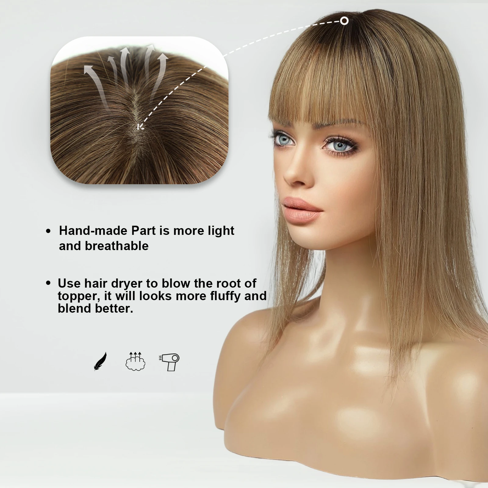 100% Remy Human Hair Toppers with Bangs 14in Brown Ombre Human Hair Pieces for Women with Thinning Hair Silk Base Clip 100% Remy Human Hair Toppers with Bangs 14in Brown Ombre Human Hair Pieces for Women with Thinning Hair Silk Base Clip