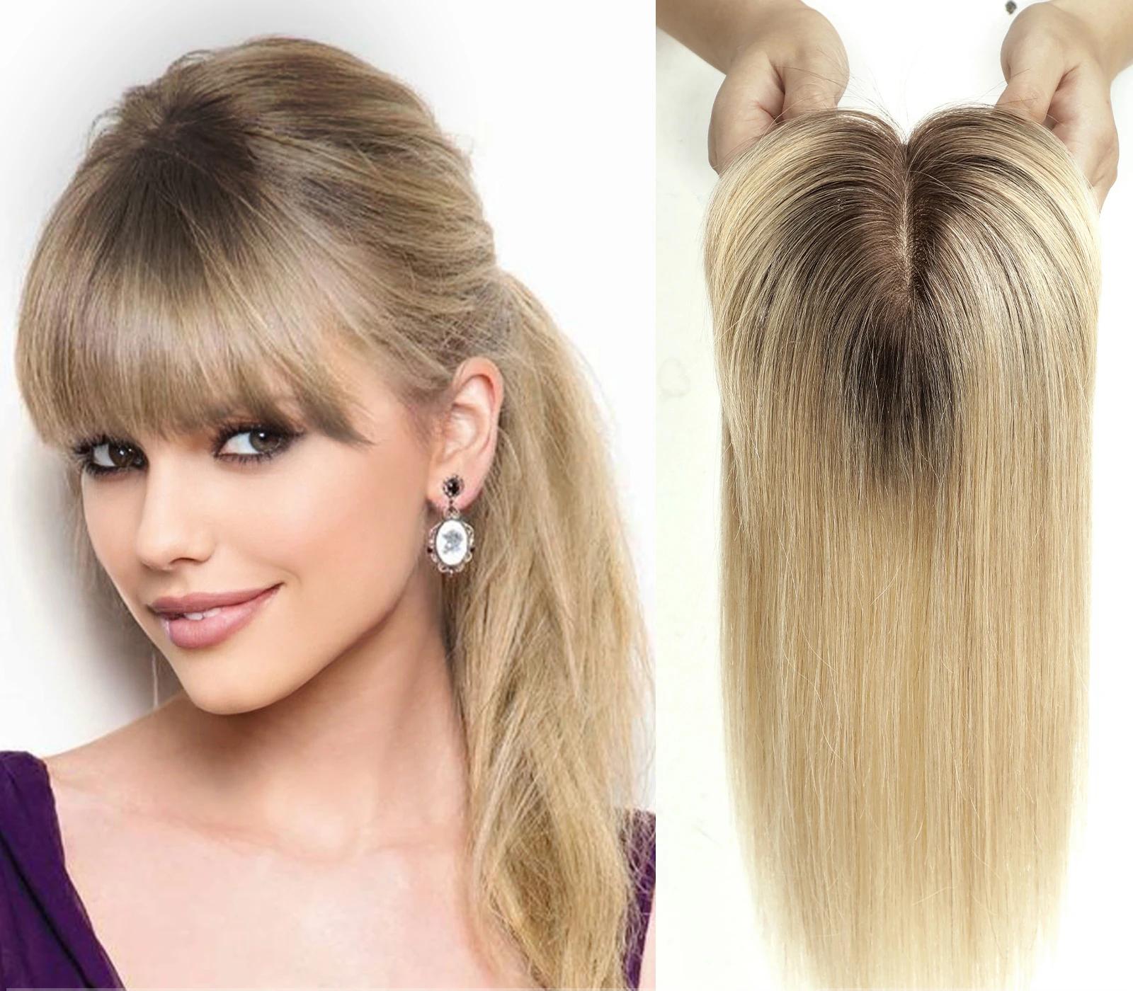 100% Remy Human Hair Toppers with Bangs Platinum Blonde Ombre Human Hair Pieces for Women Thin Hair Silk Base Clip in