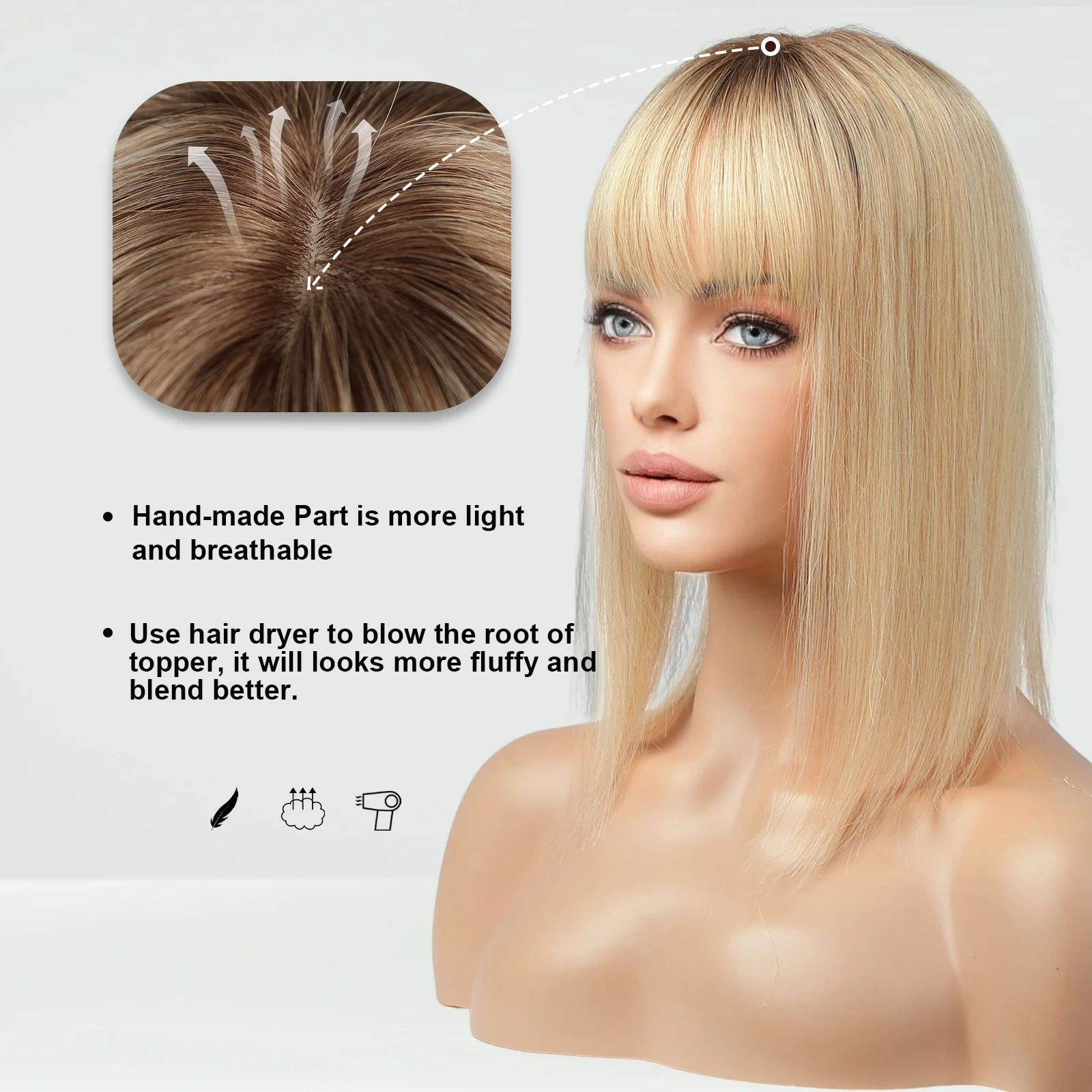 100% Remy Human Hair Toppers with Bangs Platinum Blonde Ombre Human Hair Pieces for Women Thin Hair Silk Base Clip in 100% Remy Human Hair Toppers with Bangs Platinum Blonde Ombre Human Hair Pieces for Women Thin Hair Silk Base Clip in