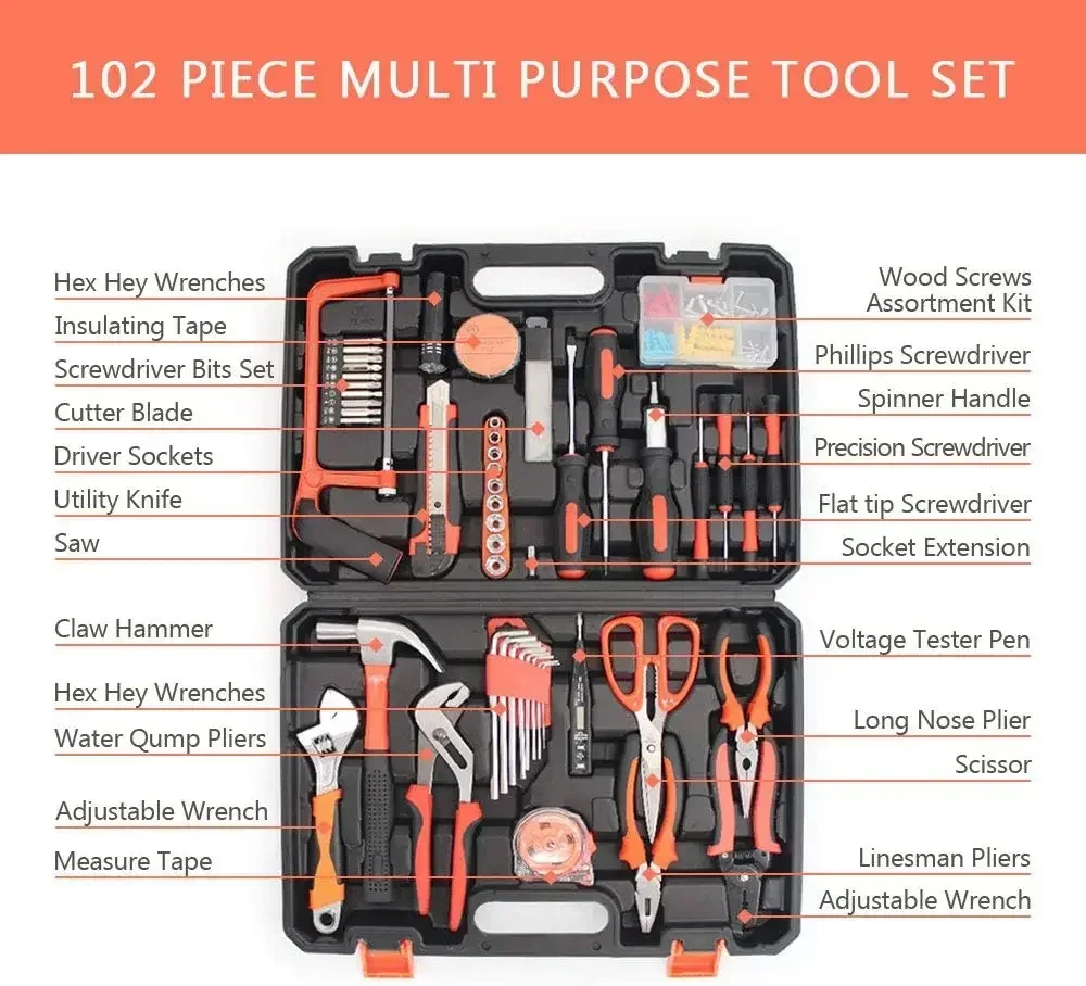 102PCS Household Tool Set Hardware Tool Box Electrician's Hardware Set Car Repairing Tools Woodworking Tools 102PCS Household Tool Set Hardware Tool Box Electrician's Hardware Set Car Repairing Tools Woodworking Tools