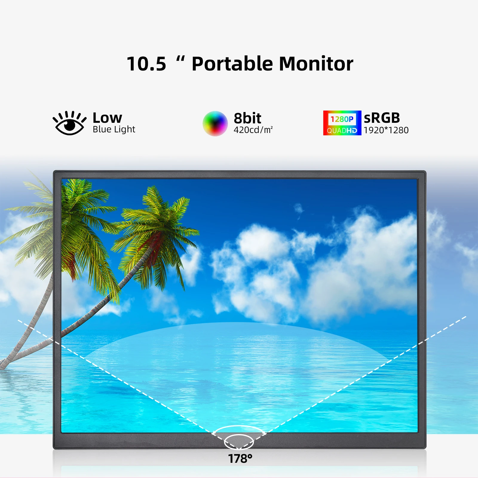 10.5-Inch Portable Monitor 1280P 100%sRGB 15:10 Low Blue Light For XBox PS4 / 5 Switch Cell Phone PC Loptop Extension 10.5-Inch Portable Monitor 1280P 100%sRGB 15:10 Low Blue Light For XBox PS4 / 5 Switch Cell Phone PC Loptop Extension