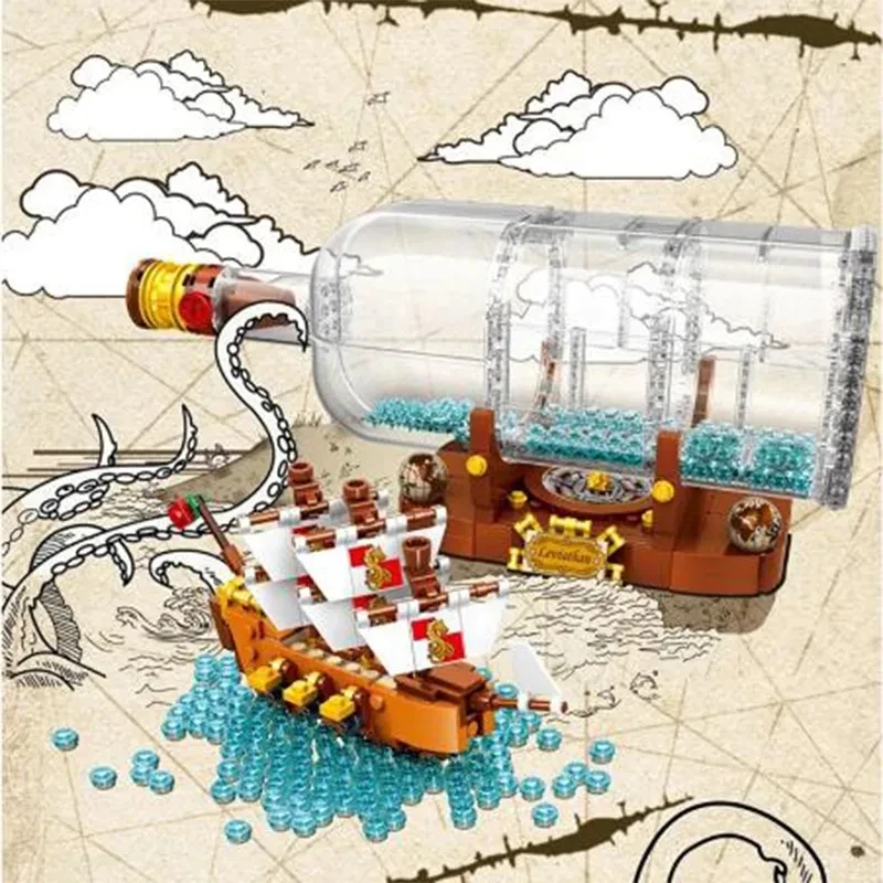 1078pcs Ship in Bottle Pirates Building Blocks Construction Set Moc Bricks with Stand Boys Toys For children Christmas 1078pcs Ship in Bottle Pirates Building Blocks Construction Set Moc Bricks with Stand Boys Toys For children Christmas