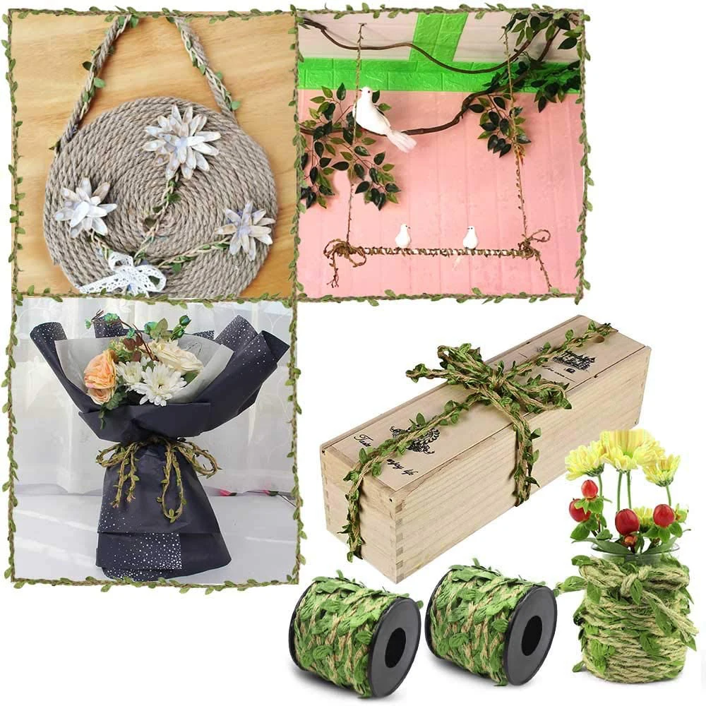 10M Artificial Vine Leaf Jute Rope Decoration Rattan Leaf Garland Fake Plant Cord String Leaves For Home Wedding Party