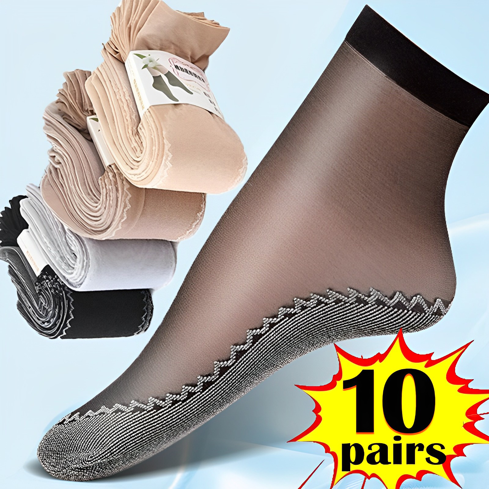 10Pairs Spring Summer Women Soft Socks Velvet Silk Socks Non-Slip Bottom Splice Transparent Ladies Ultrathin Breathable