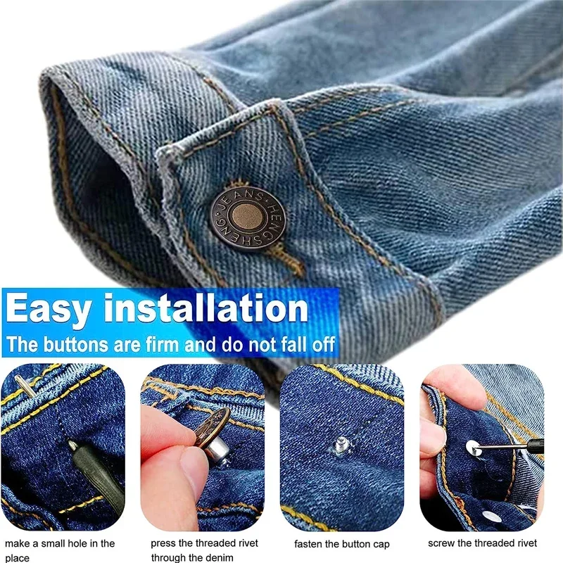 10Pcs Metal Jeans Buttons Replacement No-Sewing Screw Button Repair Kit Nailless Removable Jean Buckles Clothing Pants