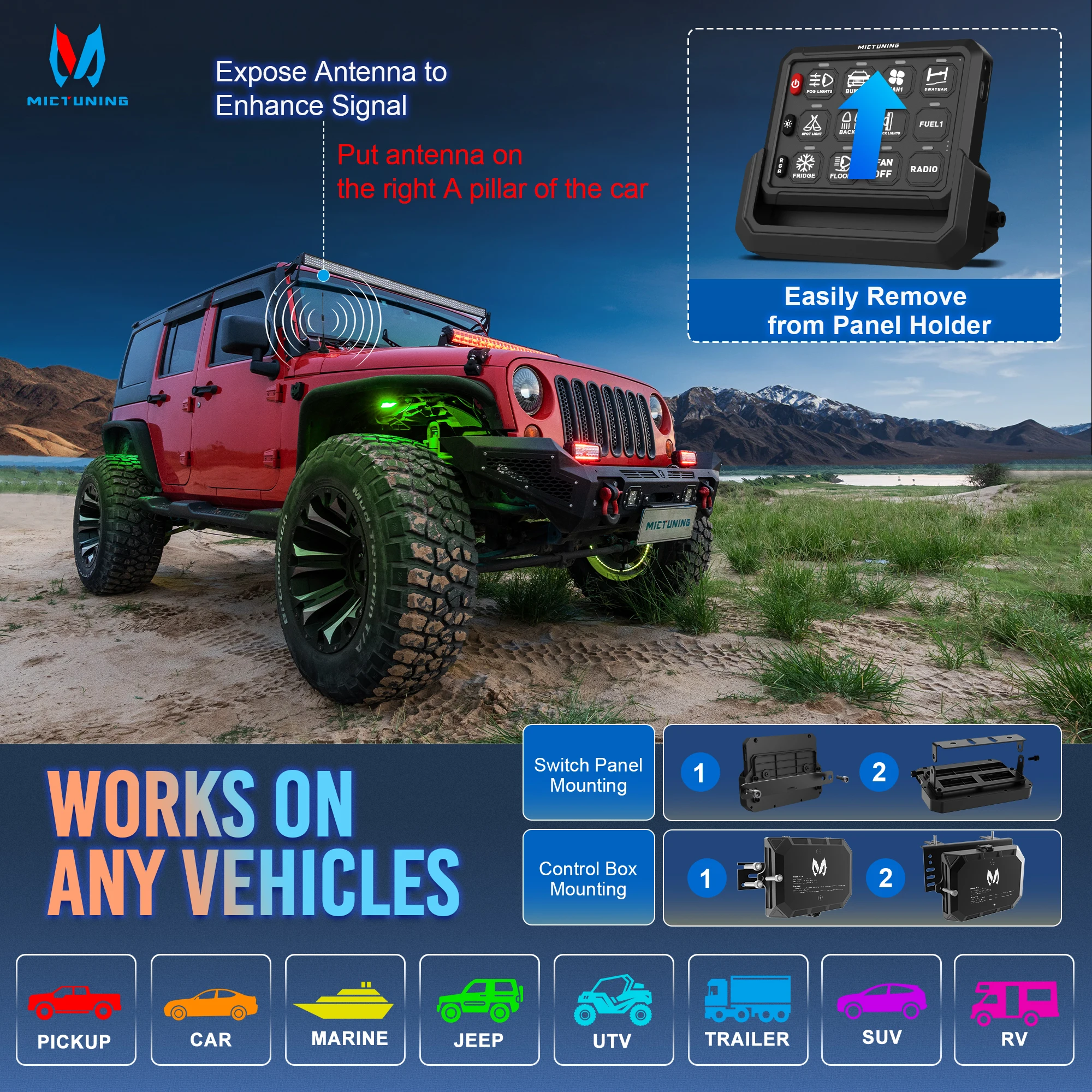12 Gang Universal Switch Panel Wireless Cordless Adjustable RGB Colors Brightness Multifunction Toggle Momentary Strobe 12 Gang Universal Switch Panel Wireless Cordless Adjustable RGB Colors Brightness Multifunction Toggle Momentary Strobe