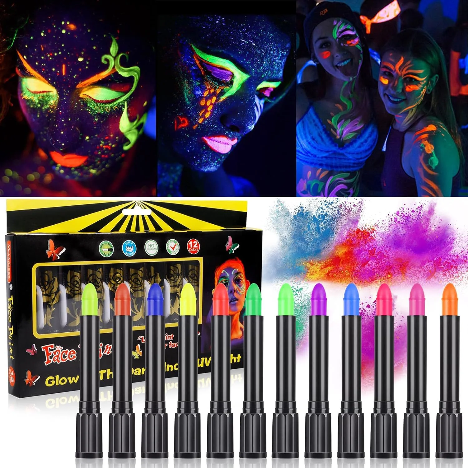 12 Pieces UV Neon Face Painting, Glow in the Dark Under UV Lights Face Painting Crayon SticksMardi Gras Party Halloween 12 Pieces UV Neon Face Painting, Glow in the Dark Under UV Lights Face Painting Crayon SticksMardi Gras Party Halloween