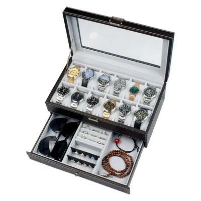 12 Slot Leather Lockable Watch Storage Boxes,Men & Women's Jewelry Display Drawer Case, 2-Tier Organizer Watch Showcase