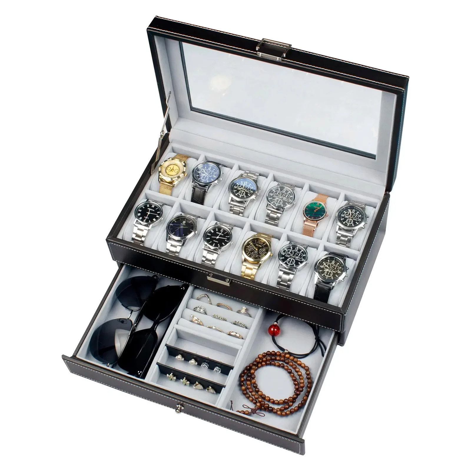 12 Slot Leather Lockable Watch Storage Boxes,Men & Women's Jewelry Display Drawer Case, 2-Tier Organizer Watch Showcase 12 Slot Leather Lockable Watch Storage Boxes,Men & Women's Jewelry Display Drawer Case, 2-Tier Organizer Watch Showcase