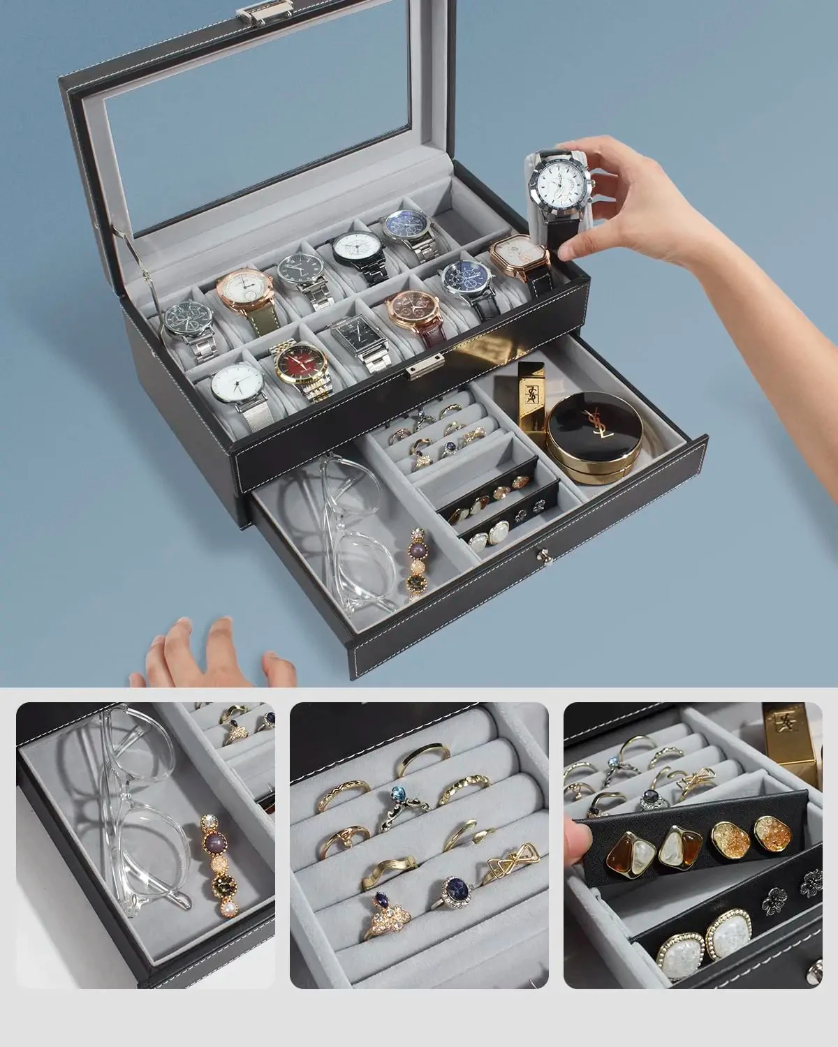 12 Slot Leather Lockable Watch Storage Boxes,Men & Women's Jewelry Display Drawer Case, 2-Tier Organizer Watch Showcase