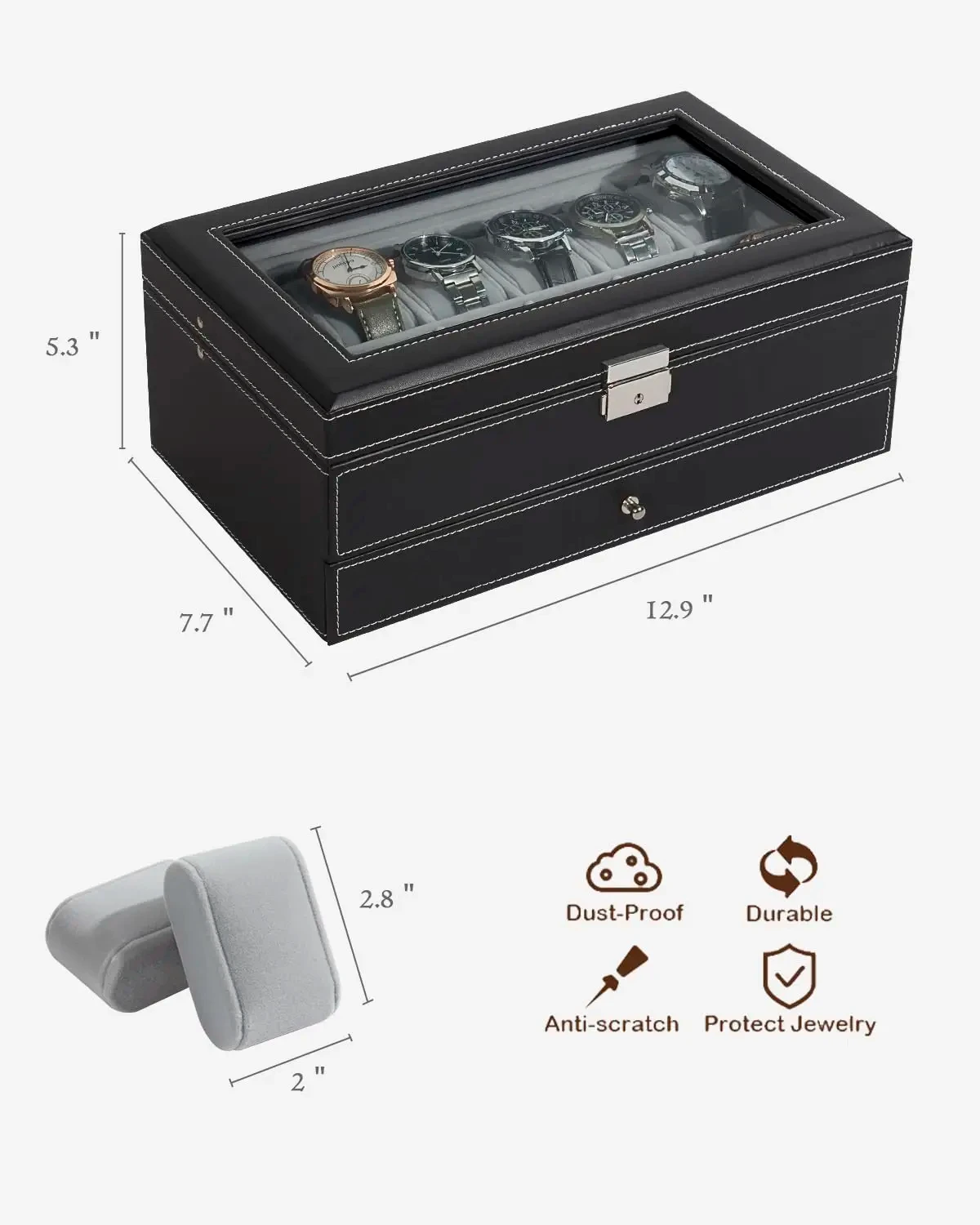 12 Slot Leather Lockable Watch Storage Boxes,Men & Women's Jewelry Display Drawer Case, 2-Tier Organizer Watch Showcase