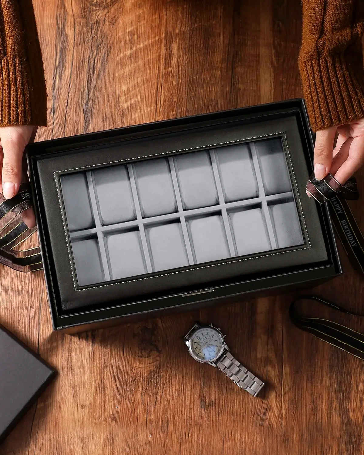 12 Slot Leather Lockable Watch Storage Boxes,Men & Women's Jewelry Display Drawer Case, 2-Tier Organizer Watch Showcase