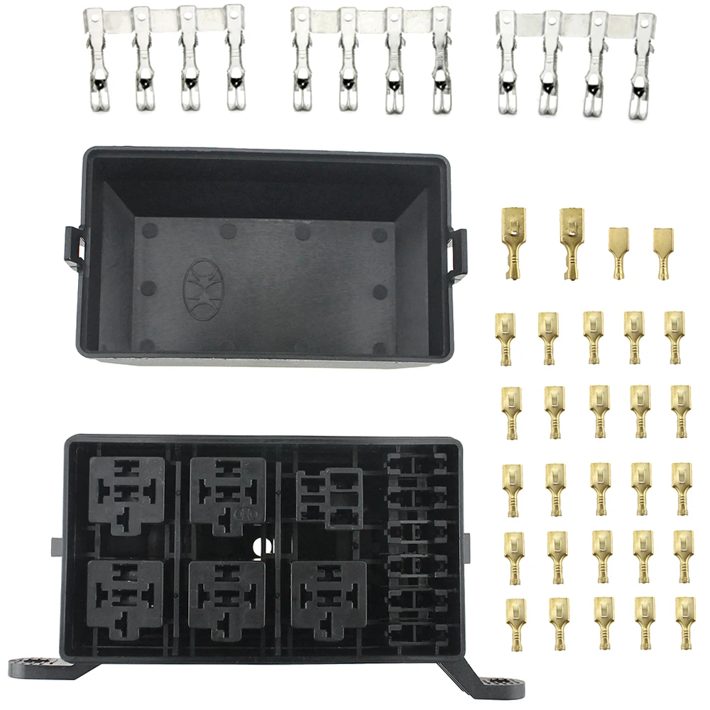12-Slot Relay Box 6 Relays 6 ATC/ATO Standard Fuses Holder Block with 41pcs Metallic Pins Universal for Automotive