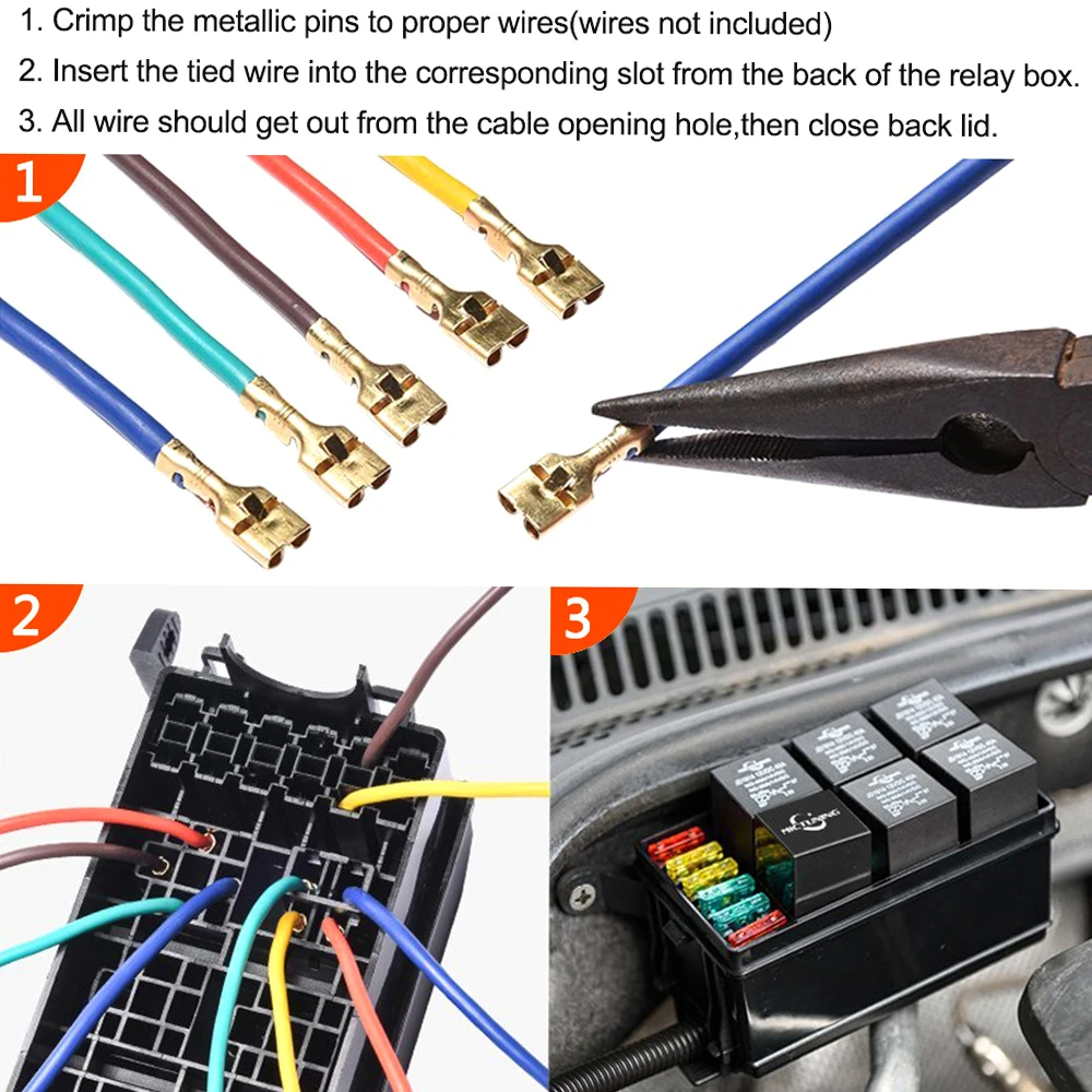 12-Slot Relay Box 6 Relays 6 ATC/ATO Standard Fuses Holder Block with 41pcs Metallic Pins Universal for Automotive