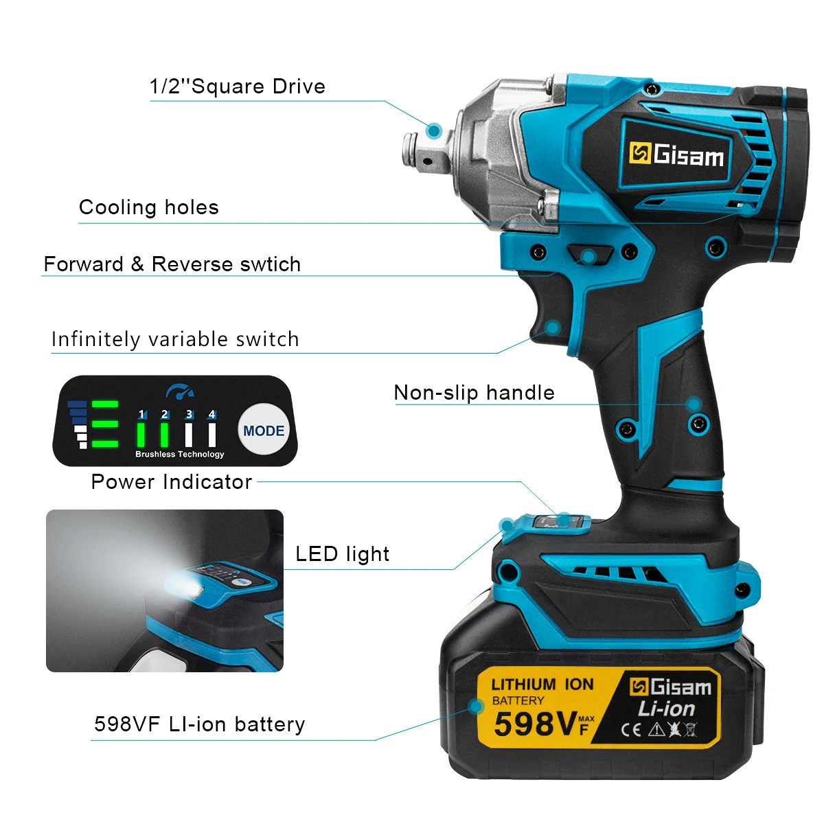 1200N.M Torque Brushless Electric Impact Wrench 1/2 Inch Cordless Electric Wrench Screwdriver Power Tools 1200N.M Torque Brushless Electric Impact Wrench 1/2 Inch Cordless Electric Wrench Screwdriver Power Tools
