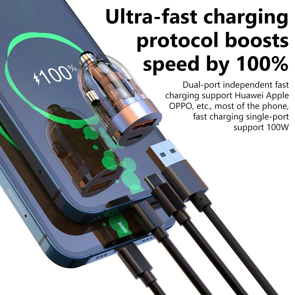 120W Transparent Invisible Pull Ring Car Charger USB Type C Fast Charging QC3.0 PD Phone Charger for iPhone Xiaomi 120W Transparent Invisible Pull Ring Car Charger USB Type C Fast Charging QC3.0 PD Phone Charger for iPhone Xiaomi