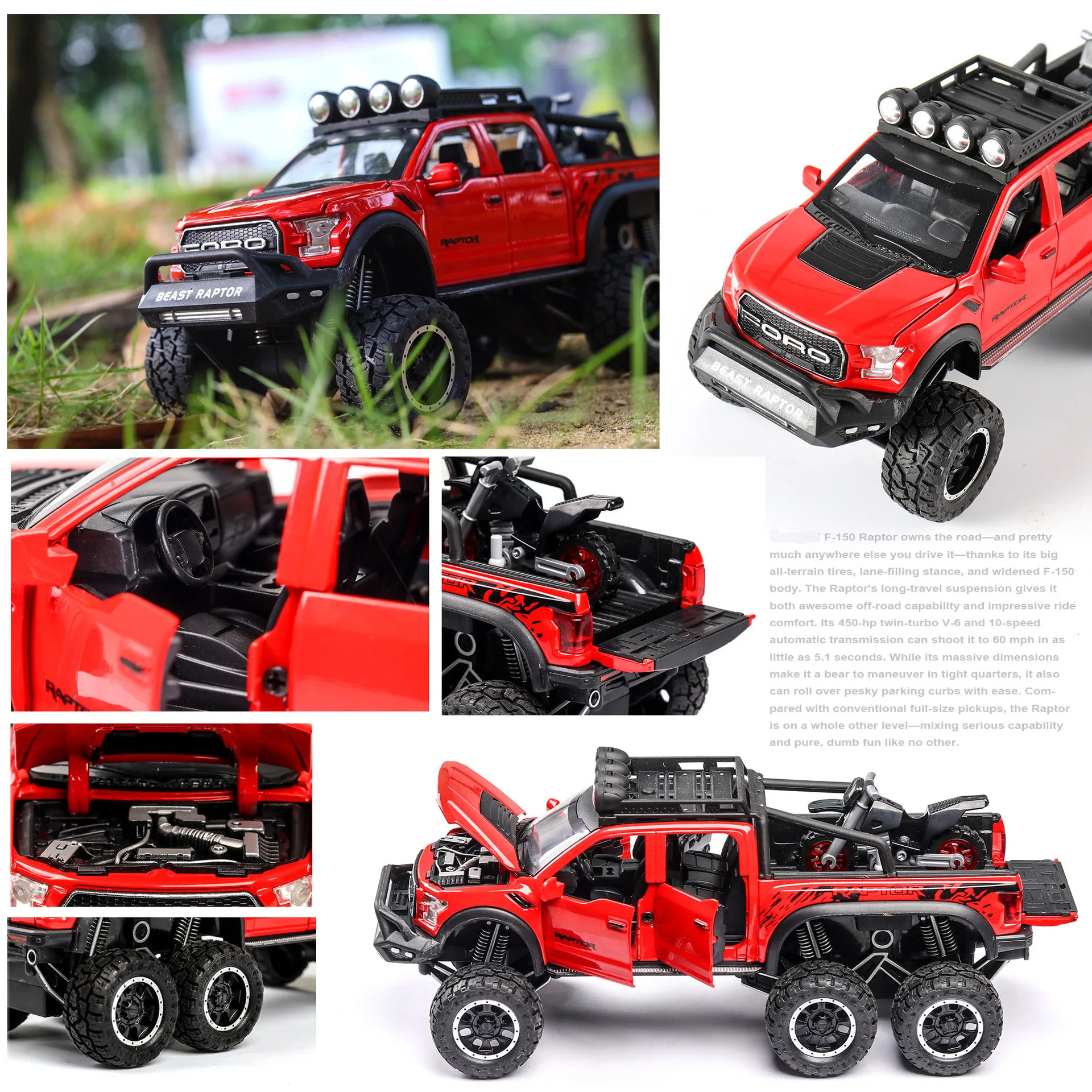 1:24 Scale Technical RAPTOR Alloy Car Model Diecast Car Off-road Vehicle Toys For Boys Birthday Gift Kids Toys Car
