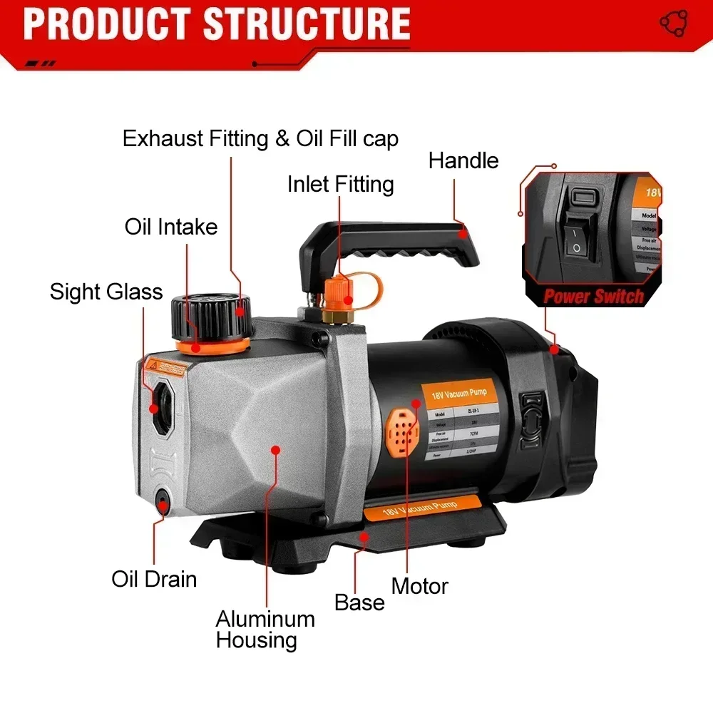 1/2HP 7CFM Refrigerant Vacuum Pump 1/4 Air inlet Refrigeration for Car Household Air Conditioning For Makita 18v Battery