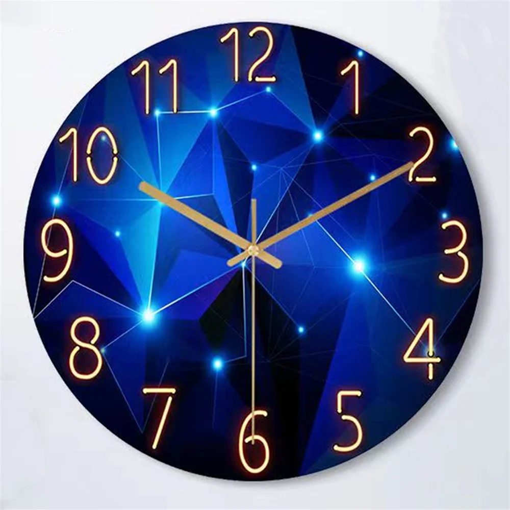 12inch (30cm) Wall Clock Geometric Elements Dark Blue Thickened Tempered Glass Silent Movement Quartz Living Room Home