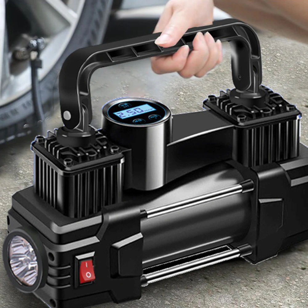 12V 150PSI Mini Air Compressor Dual Cylinder Heavy Duty Tire Inflator with LED Light Car Electric Air Pump Auto