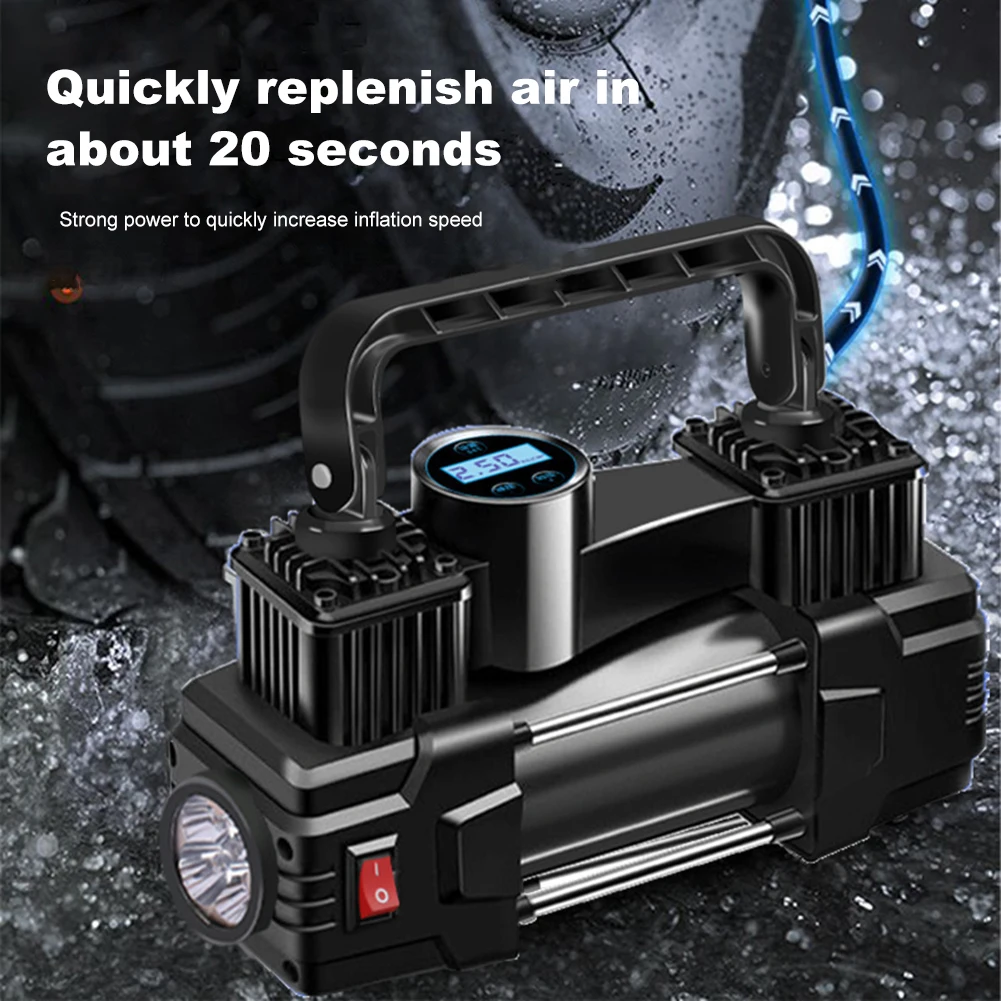 12V 150PSI Mini Air Compressor Dual Cylinder Heavy Duty Tire Inflator with LED Light Car Electric Air Pump Auto