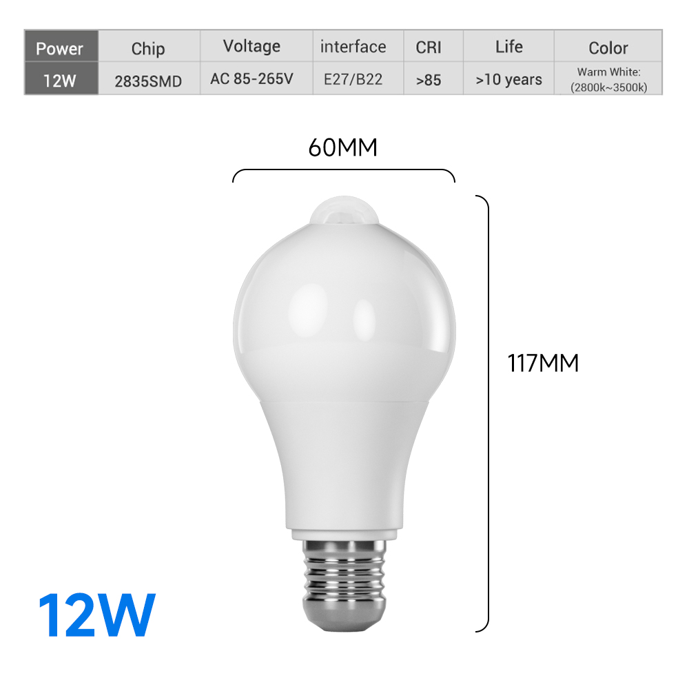 12W PIR Motion Sensor Light Bulb Ampoule LED E27 IP42 Outdoor Lighting Wall Lamp Dusk to Dawn Day Night Porch Light 12W PIR Motion Sensor Light Bulb Ampoule LED E27 IP42 Outdoor Lighting Wall Lamp Dusk to Dawn Day Night Porch Light