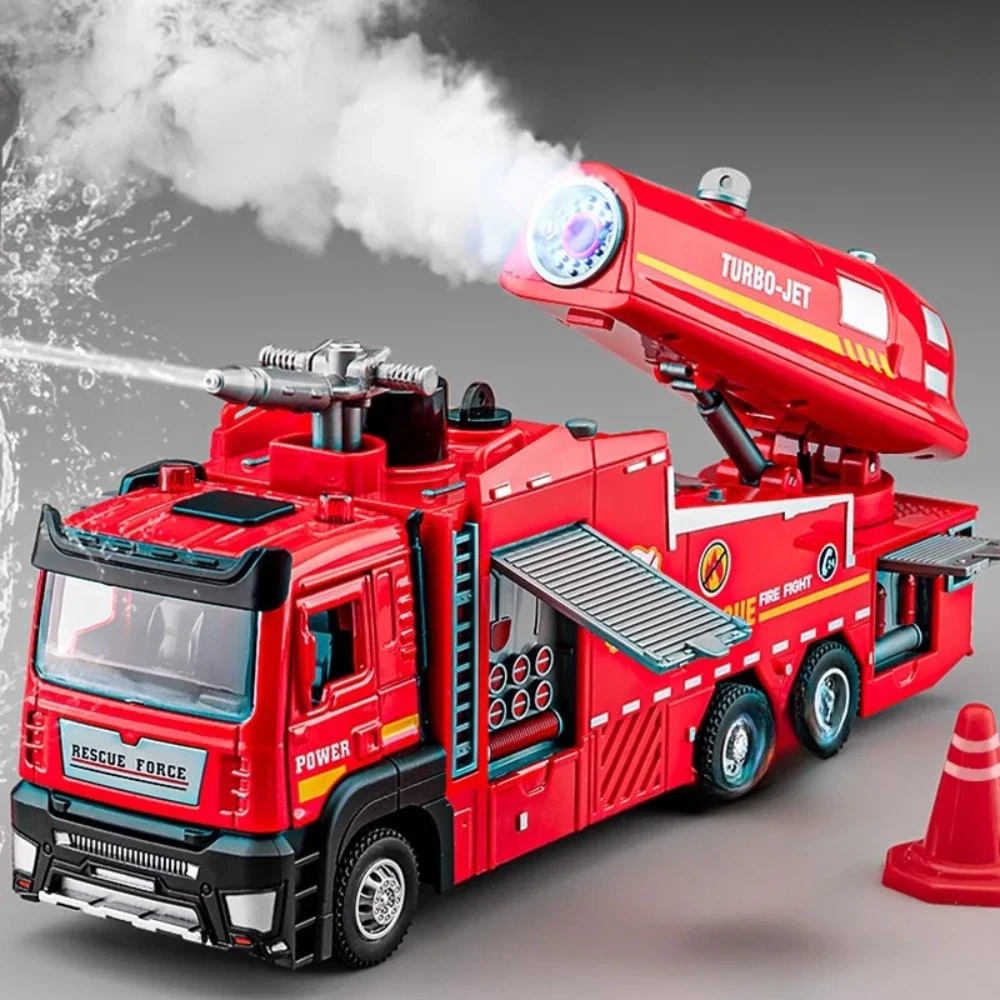 1:32 Scale Water Spray Fire Truck Model Ladder Trucks Toy Car Sound Light Pull Back Doors Opened Vehicle Collection