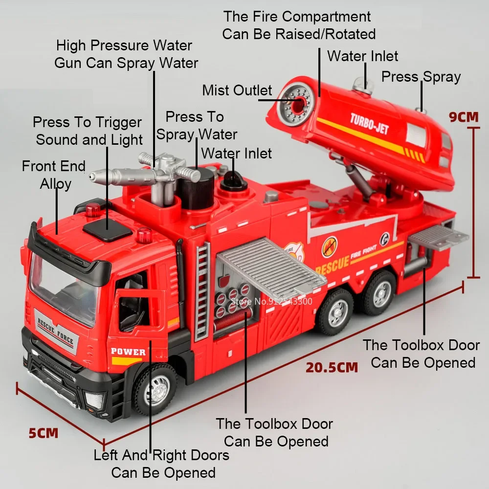 1:32 Scale Water Spray Fire Truck Model Ladder Trucks Toy Car Sound Light Pull Back Doors Opened Vehicle Collection