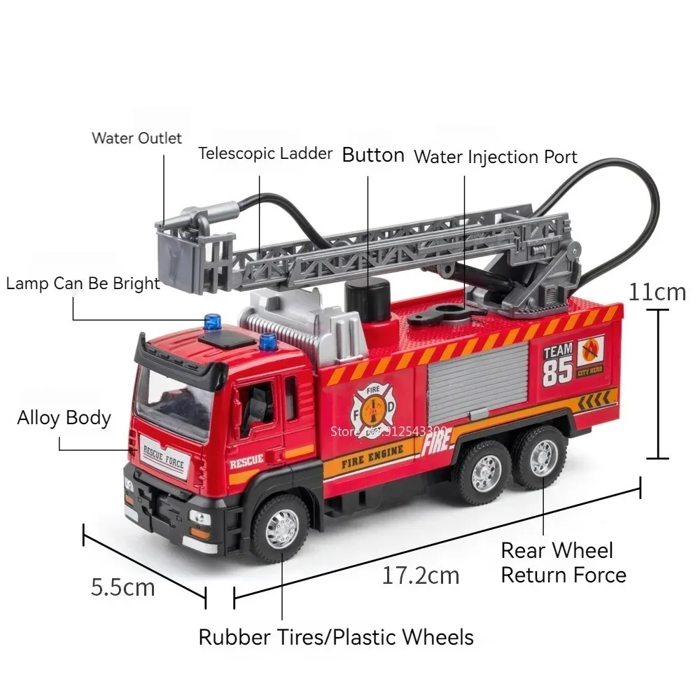 1:32 Scale Water Spray Fire Truck Model Ladder Trucks Toy Car Sound Light Pull Back Doors Opened Vehicle Collection