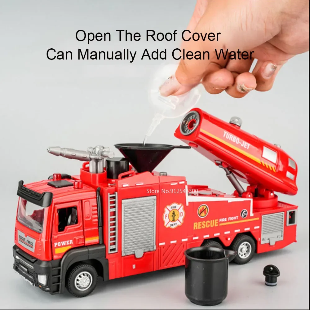 1:32 Scale Water Spray Fire Truck Model Ladder Trucks Toy Car Sound Light Pull Back Doors Opened Vehicle Collection