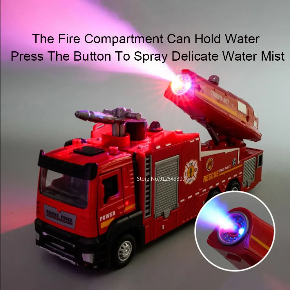 1:32 Scale Water Spray Fire Truck Model Ladder Trucks Toy Car Sound Light Pull Back Doors Opened Vehicle Collection