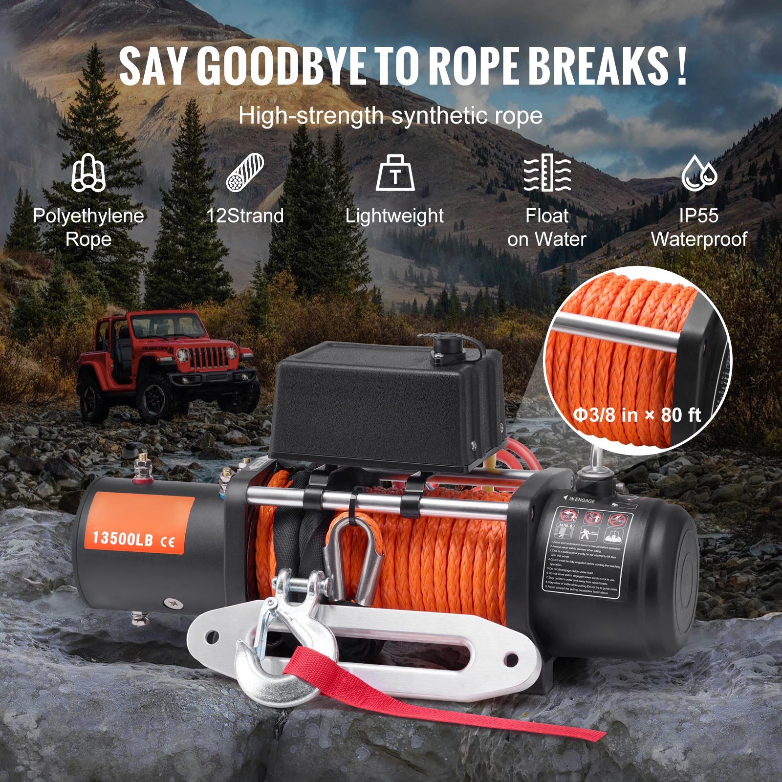 13500lbs Electric Winch Car Truck Winch with 80ft Synthetic Rope Wireless and Wired Remote Control for Towing Off-Road