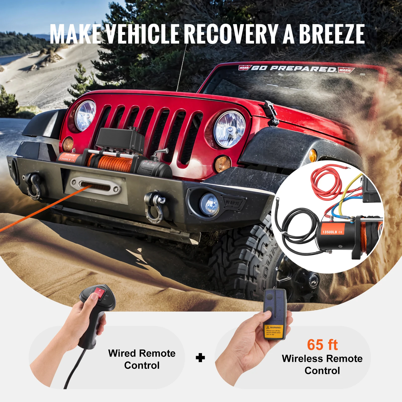 13500lbs Electric Winch Car Truck Winch with 80ft Synthetic Rope Wireless and Wired Remote Control for Towing Off-Road