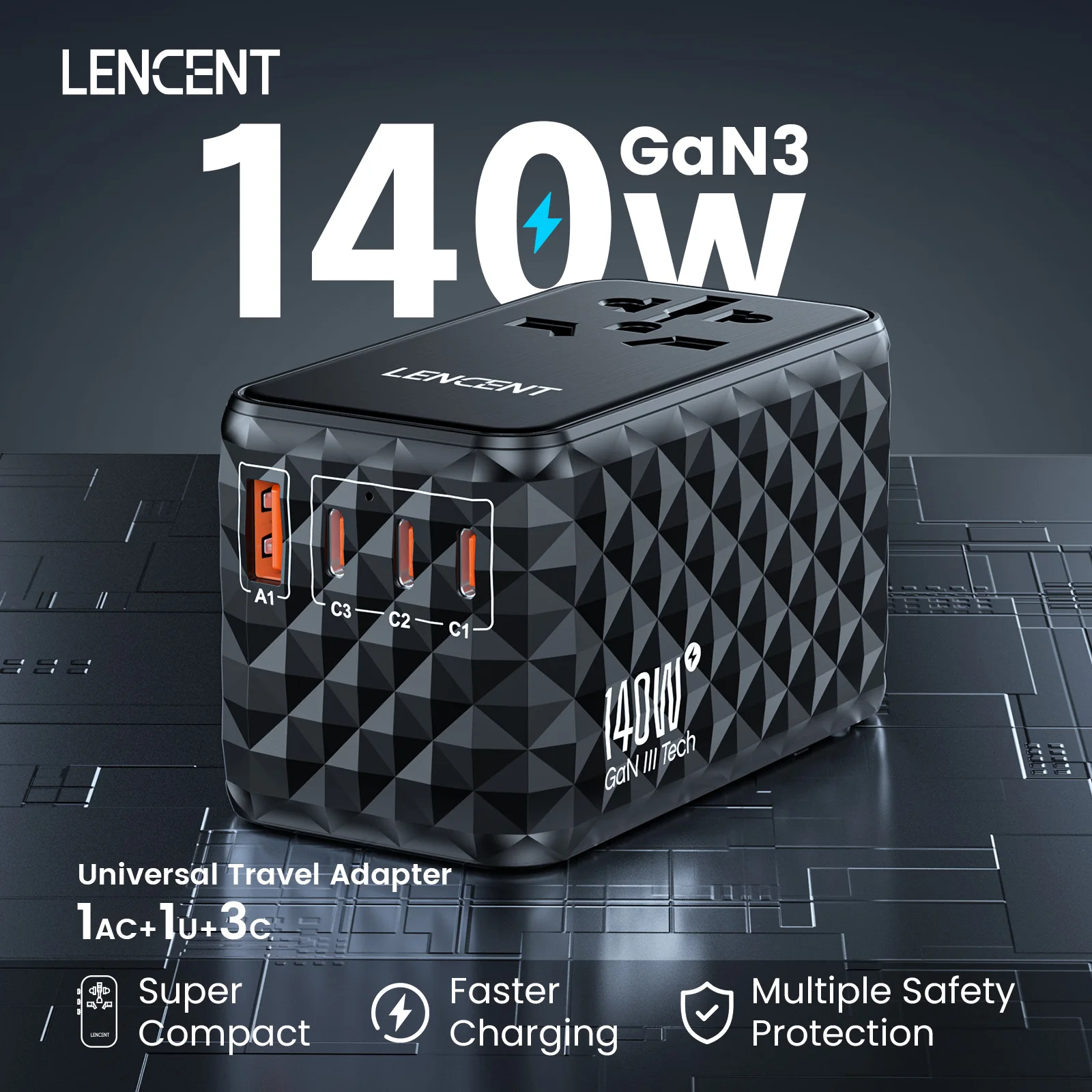 140W GaN Universal Travel Adapter with 1USB-A Ports 3 Type C Fast Charging Power Adapter EU/UK/USA/AUS Plug for Travel