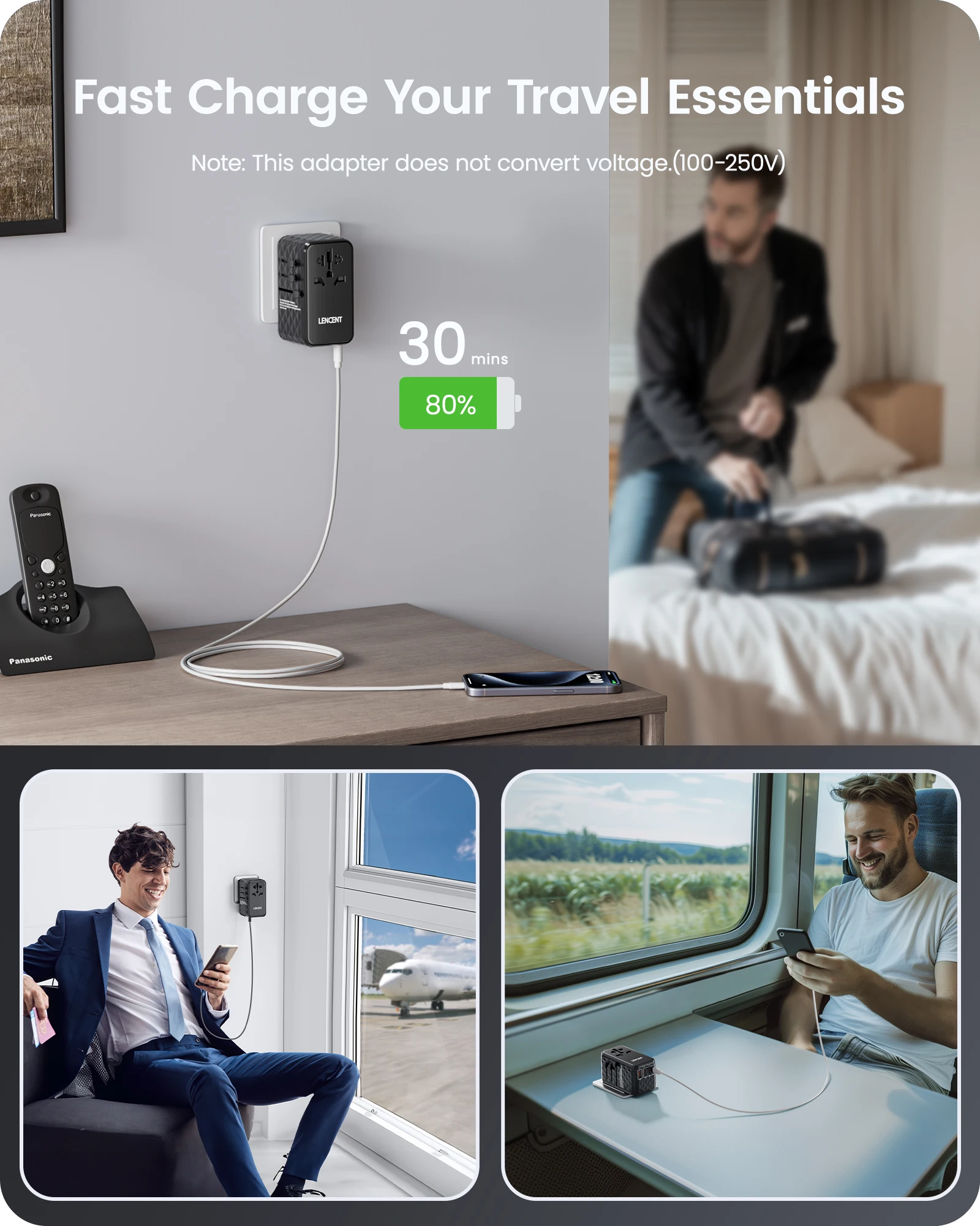 140W GaN Universal Travel Adapter with 1USB-A Ports 3 Type C Fast Charging Power Adapter EU/UK/USA/AUS Plug for Travel