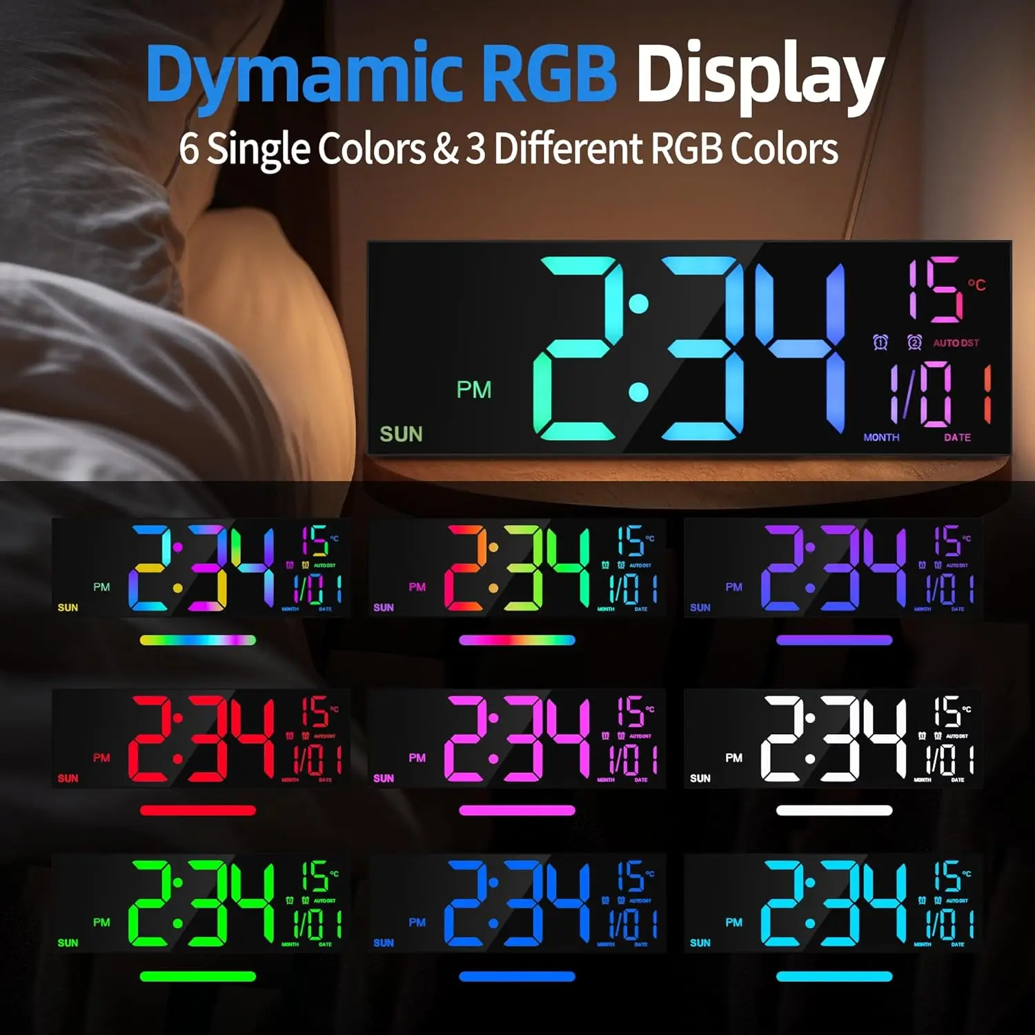 16.2” Large Digital Wall Clock with Remote Control Big LED/Dual Alarm/8 RGB Colors Digital Alarm Clock Electronic Watch 16.2” Large Digital Wall Clock with Remote Control Big LED/Dual Alarm/8 RGB Colors Digital Alarm Clock Electronic Watch