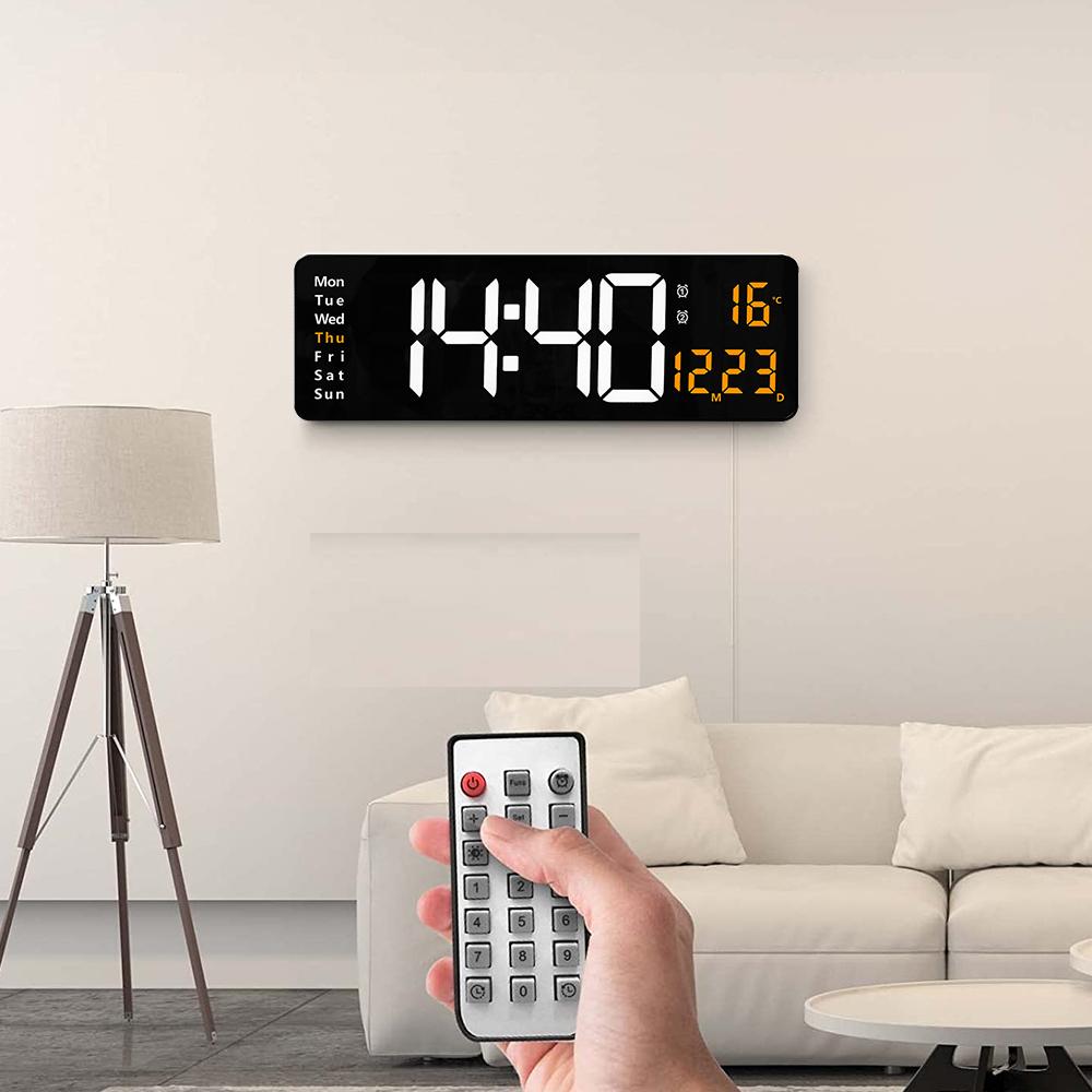 16inch Wall Mounted Digital Wall Clock Remote Control Temp Date Week Display Power Off Memory Table Clock Dual Alarms
