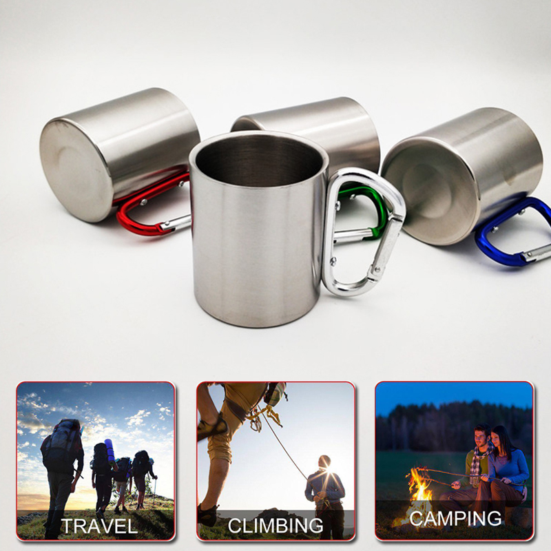 180ml Stainless Steel Cup For Camping Traveling Outdoor Cup with Handle Carabiner Climbing Backpacking Hiking Portable
