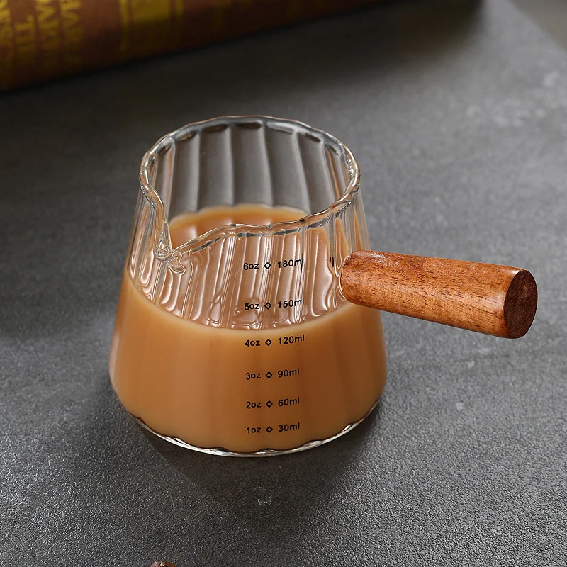 180ML Wood Handle Glass Espresso Measuring Cup Coffee Extraction Cup with scale High Temperature Resistance Milk Jug 180ML Wood Handle Glass Espresso Measuring Cup Coffee Extraction Cup with scale High Temperature Resistance Milk Jug