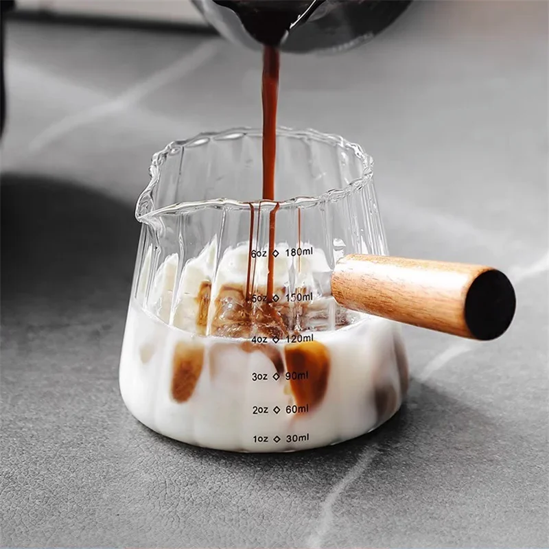 180ML Wood Handle Glass Espresso Measuring Cup Coffee Extraction Cup with scale High Temperature Resistance Milk Jug 180ML Wood Handle Glass Espresso Measuring Cup Coffee Extraction Cup with scale High Temperature Resistance Milk Jug