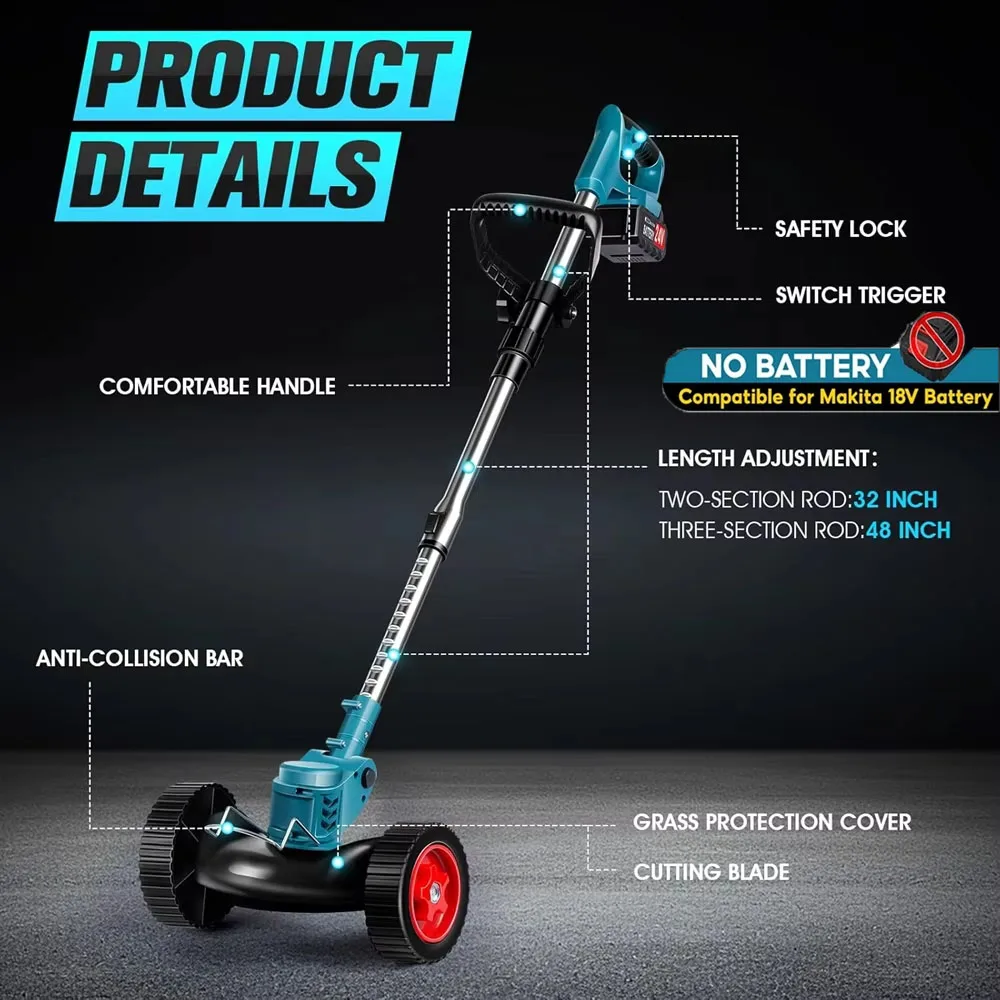 1850W Electric Lawn Mower Length Adjustable Handheld Cutter Cordless Garden Grass Cutting Trimmer For Makita 18V Battery