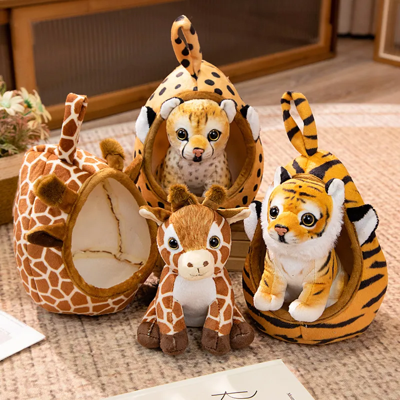18cm Stuffed Simulated Animal Plush Nest Small Tiger Leopard Giraffe Lion Dolls Plushie Baby Birthday Present Throw